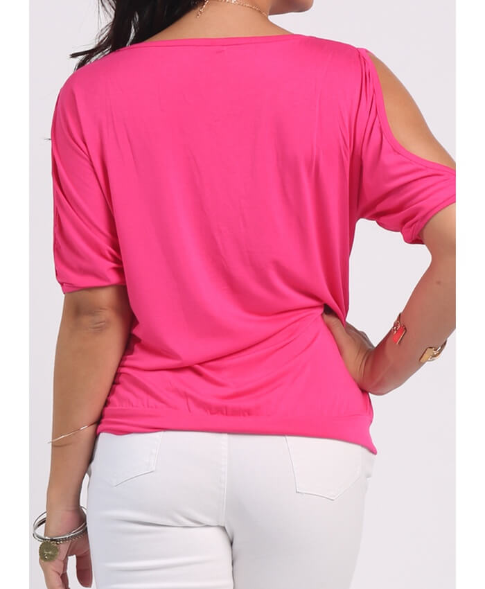 Cold Shoulder Feather Print Watermelon Red T Shirt